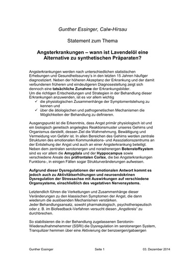 Dr Gunther Essinger Statement Angsterkrankungen