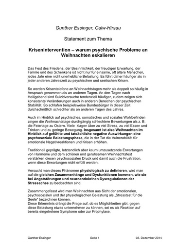 Dr Gunther Essinger Statement Krisenintervention