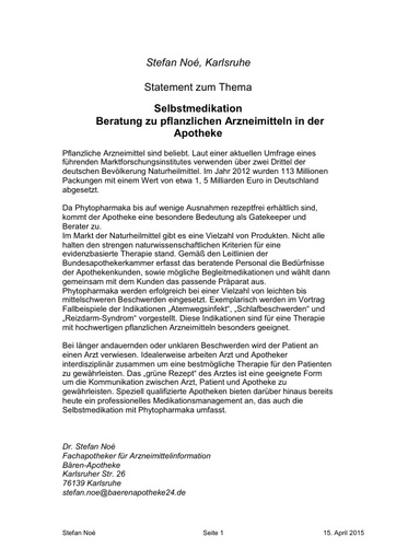 Dr Stefan Noe Statement 15 04 2015